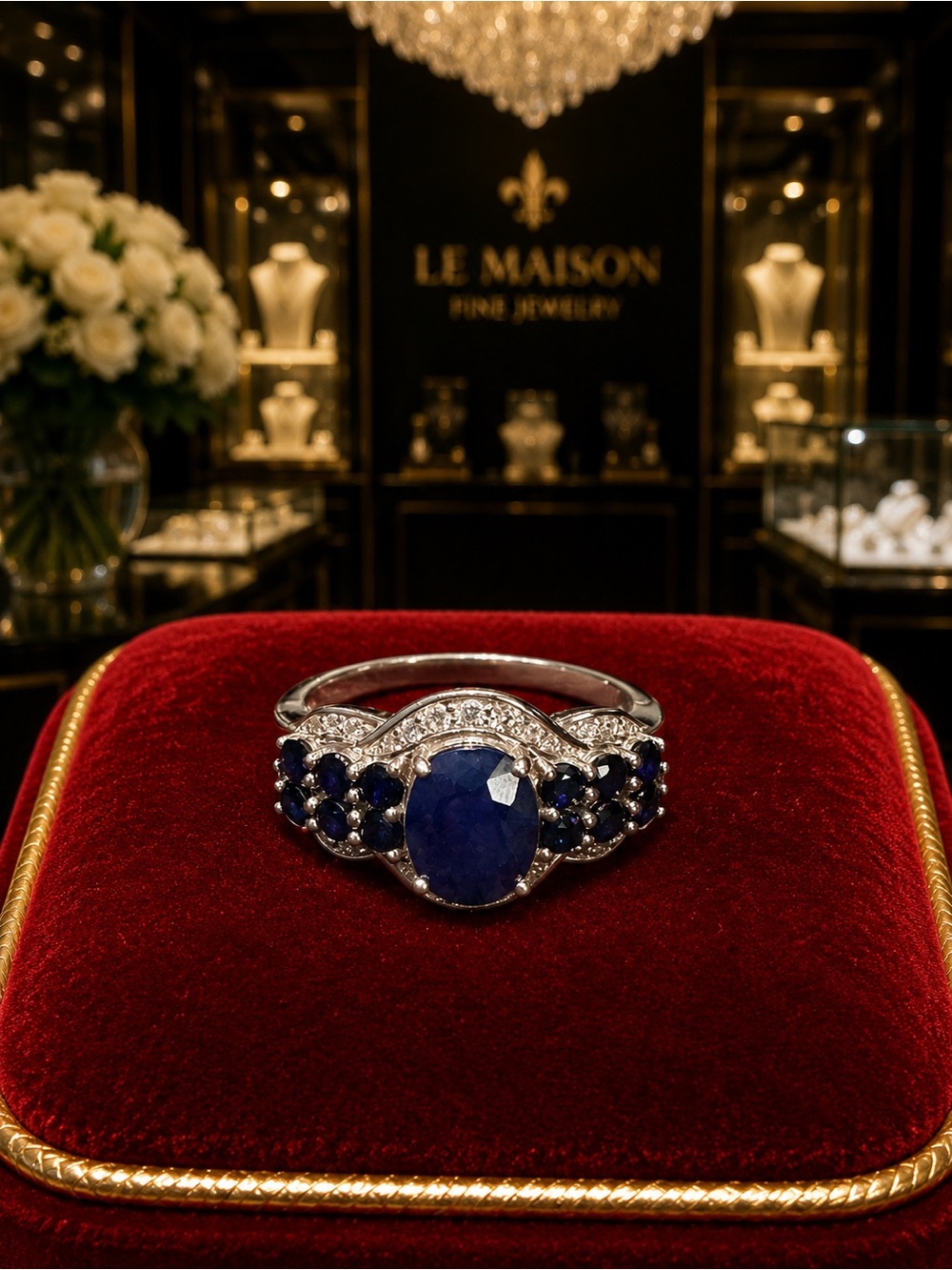 Genuine Blue Sapphire Moissanite ring Platinum over Silver size 9
